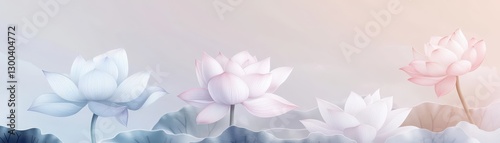 Soft pastel lotus flowers floating over a minimalist monochrome Japanese pattern, embodying simplicity and purity