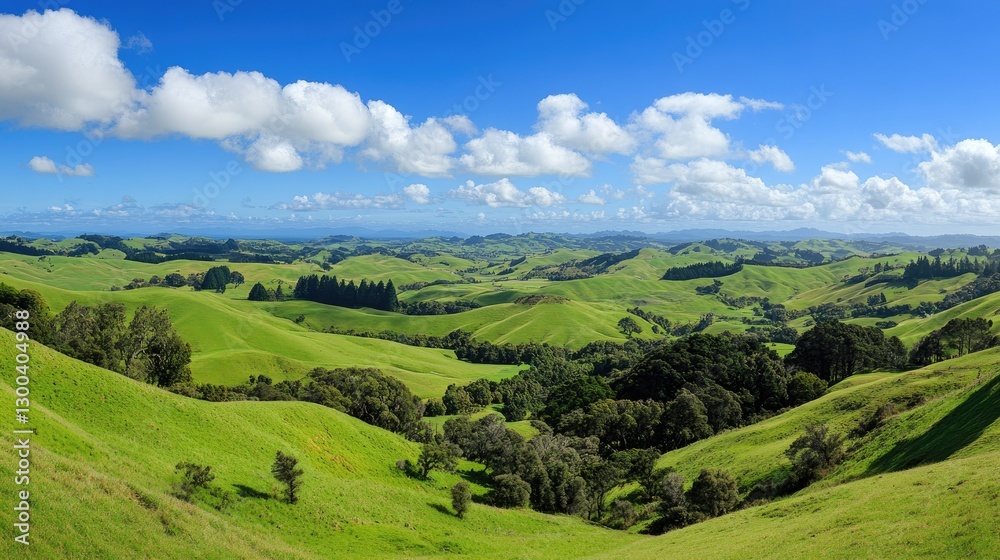 A panoramic view of rolling green hills under a bright blue sky dotted with fluffy white clouds, creating a serene and peaceful atmosphere A panoramic view of rolling green hills under a bright blue sky dotted with fluffy white clouds, creating a serene and peaceful atmosphere