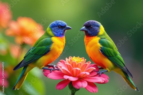 A pair of brightly colored birds rest on blooming flowers in a beautiful garden setting, blossoms, colorful