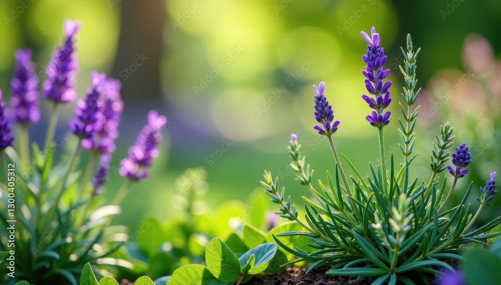 Obraz premium Aromatic herbs in a garden with lavender and rosemary, foliage, plants