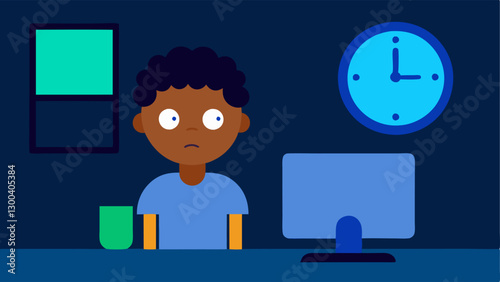 Time Flies with Screens An of a clock on the wall showing late hours while a child sits in front of a computer illuminated by the screens blue light with a surprised