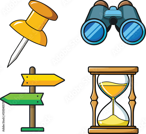 Set of Vector Icons Representing Direction, Time, and Observation Tools