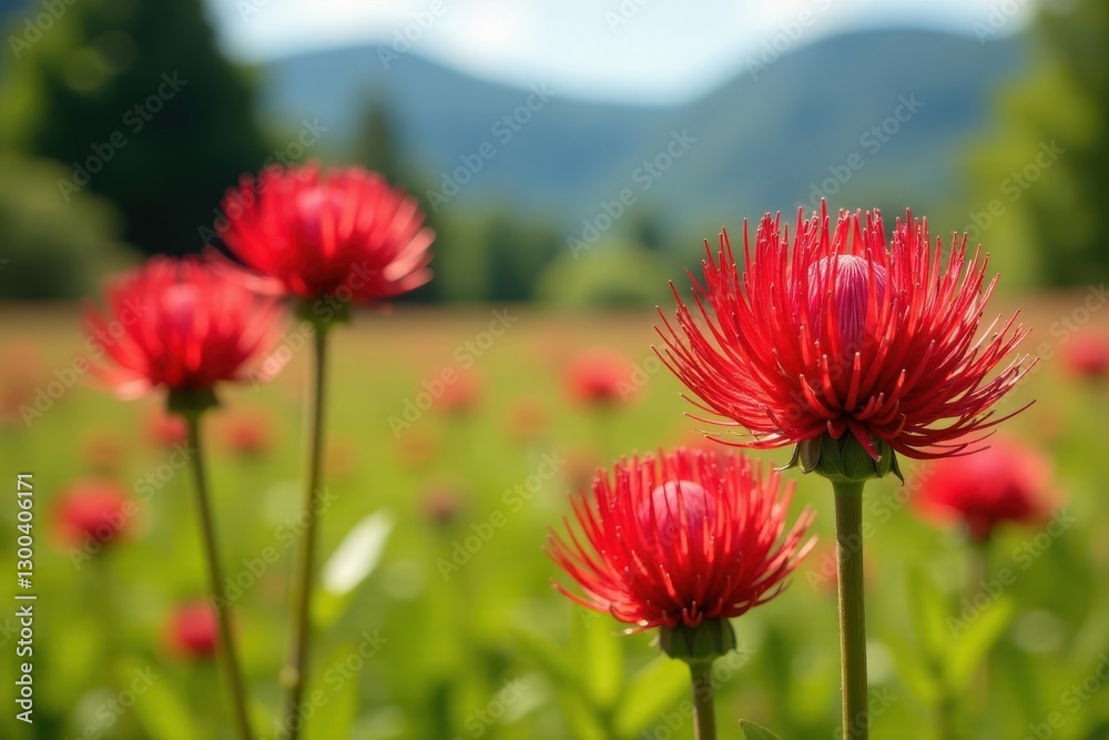 A cluster of large bright red pincushion Protea flowers in a open sunny meadow, flowers, protea A cluster of large bright red pincushion Protea flowers in a open sunny meadow, flowers, protea