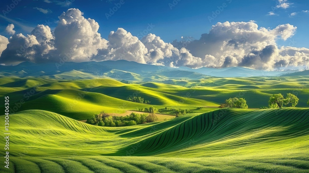 Obraz premium A stunning panoramic shot of rolling green fields under a crisp blue sky, with white clouds adding to the serene natural beauty