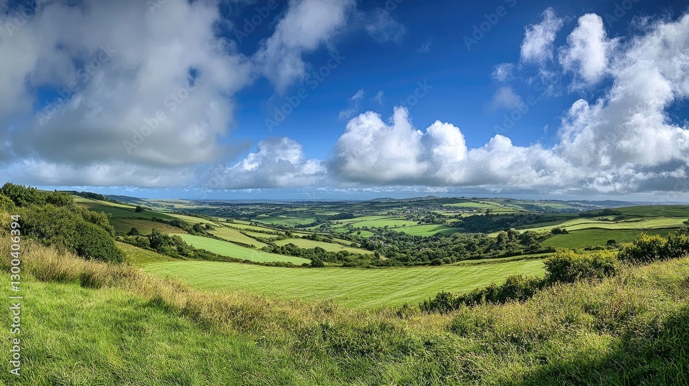 Naklejka premium A stunning panoramic shot of rolling green fields under a crisp blue sky, with white clouds adding to the serene natural beauty