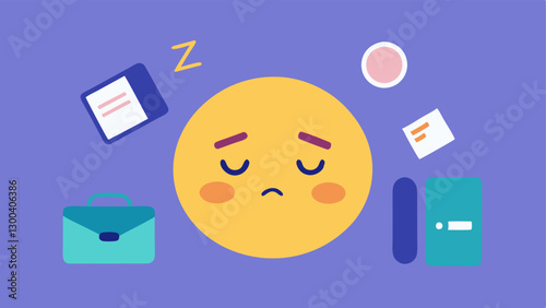 Tired Face Emoji A tired emoji with zs floating above surrounded by work items like a briefcase phone and spreadsheets showcasing the lack of restful sleep.