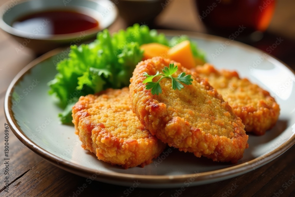 Crispy tonkatsu cutlet on a plate with savory sauce and steamed vegetables , crispy tonkatsu, close up shot Crispy tonkatsu cutlet on a plate with savory sauce and steamed vegetables , crispy tonkatsu, close up shot