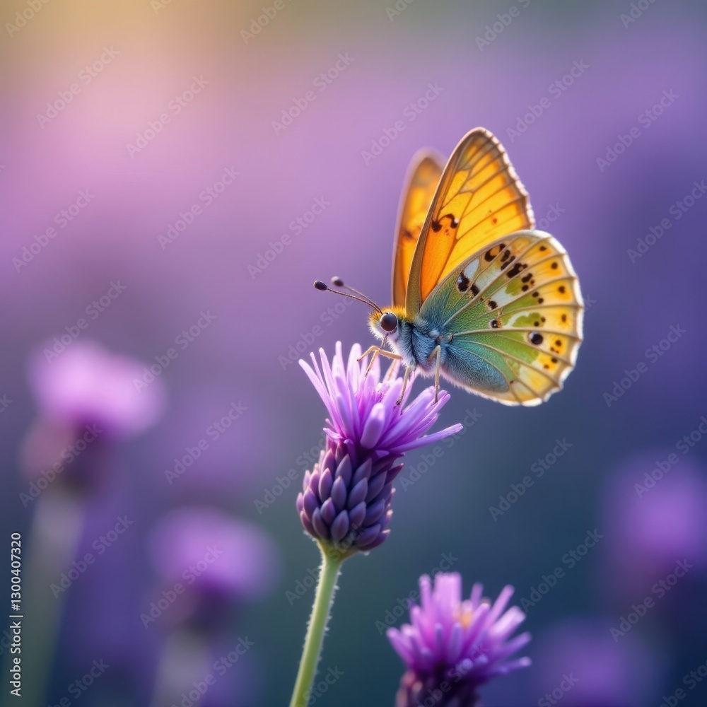 Fototapeta premium Delicate butterfly lands on purple lavender flower, insect, nature