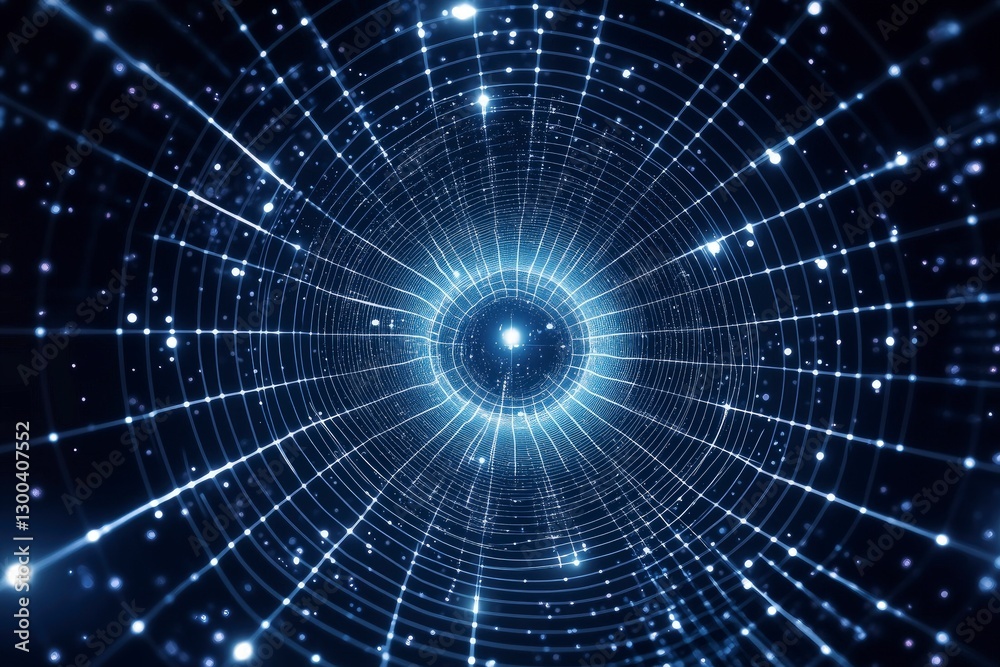 Fototapeta premium Abstract digital background with a blue mesh and connecting dots in perspective