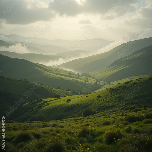 magnificent mountain landscape with green hills and valleys, fog. Clouds float beautifully across the sky, creating a feeling of tranquility and unity with nature.