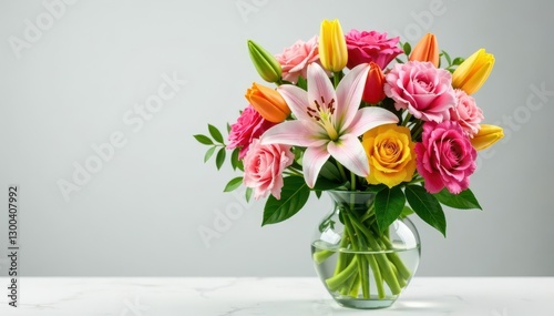 Diverse bouquet of lilies, tulips, and carnations in a elegant glass vase, glass vase, lilies