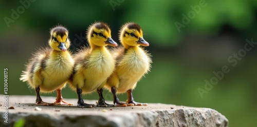 Ducklings stand together on a weathered stone, watching the camera with alert eyes, stone, birdlife