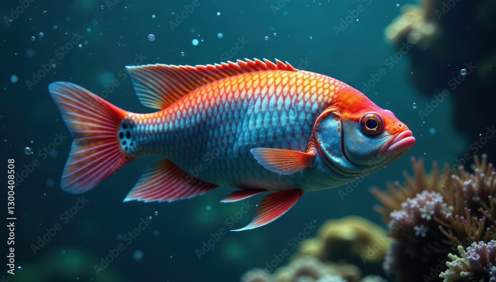 Fototapeta premium Fish with vibrant red and blue scales swimming freely underwater, marine life, aquatic animals