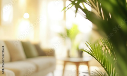Blurred living room interior with a sofa, coffee table, and plants in a white color tone. Scandinavian home decor design. Blurry background of a minimalist apartment for decoration ideas