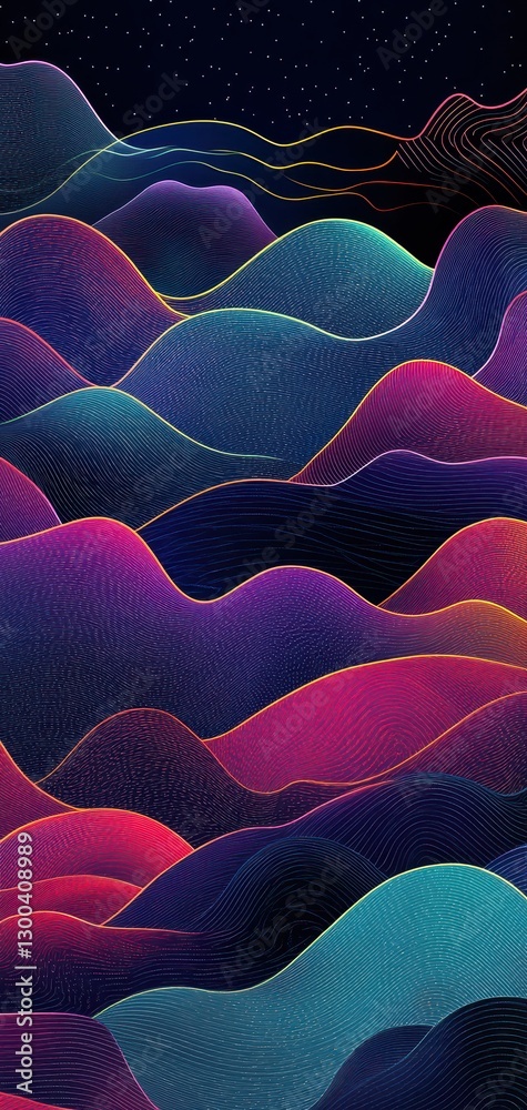 Fototapeta premium Neon Seigaiha waves overlaid on a dark gradient background, creating a striking contrast