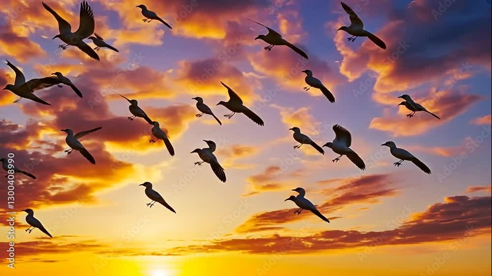 A vibrant sunset with birds flying against a colorful sky