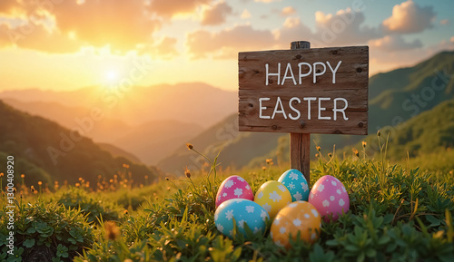 Happy Easter' Sign with Colorful Easter Eggs on a Majestic Mountain Peak – A Perfect Symbol for Holiday Promotions