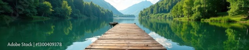 Wallpaper Mural Rustic wooden pier stretches over serene lake, lush greenery surrounds , still, escape, summer Torontodigital.ca