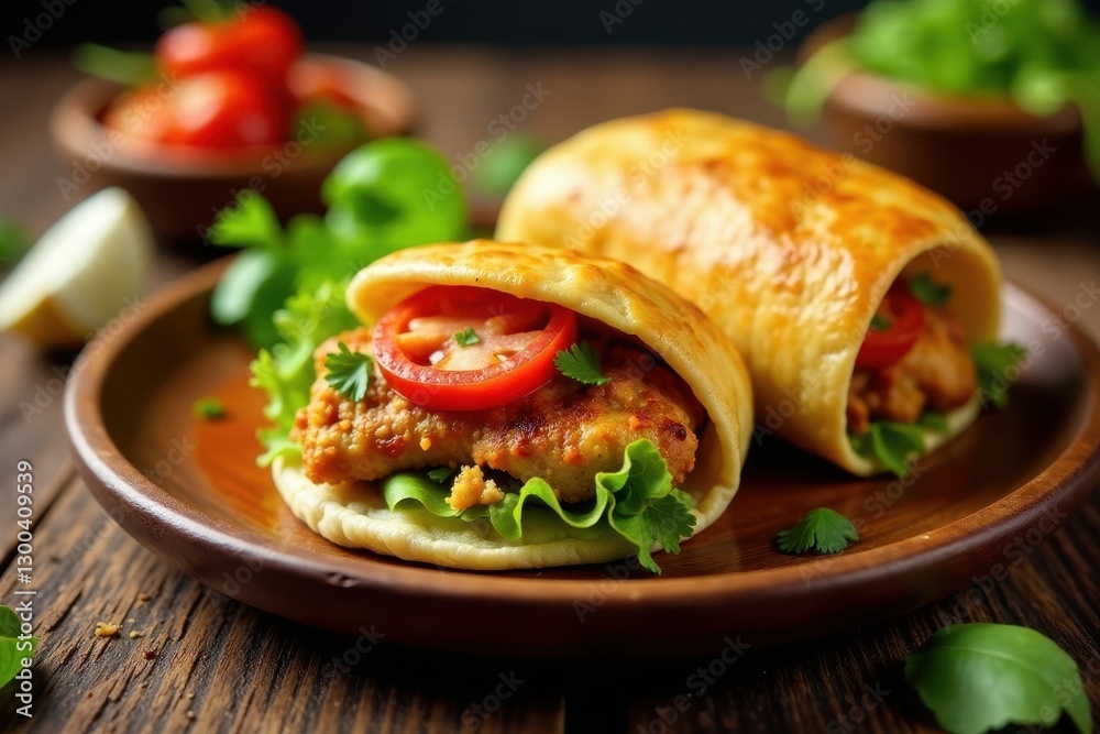 Freshly made Unda Chicken Kati Roll on wooden platter with garnishes , roll, food Freshly made Unda Chicken Kati Roll on wooden platter with garnishes , roll, food