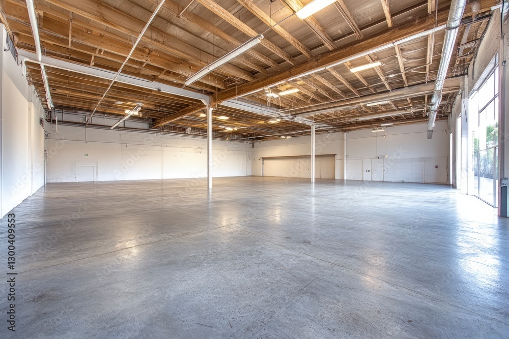 large empty warehouse with an open ceiling, showcasing the high ceilings and vast space for commercial use large empty warehouse with an open ceiling, showcasing the high ceilings and vast space for commercial use
