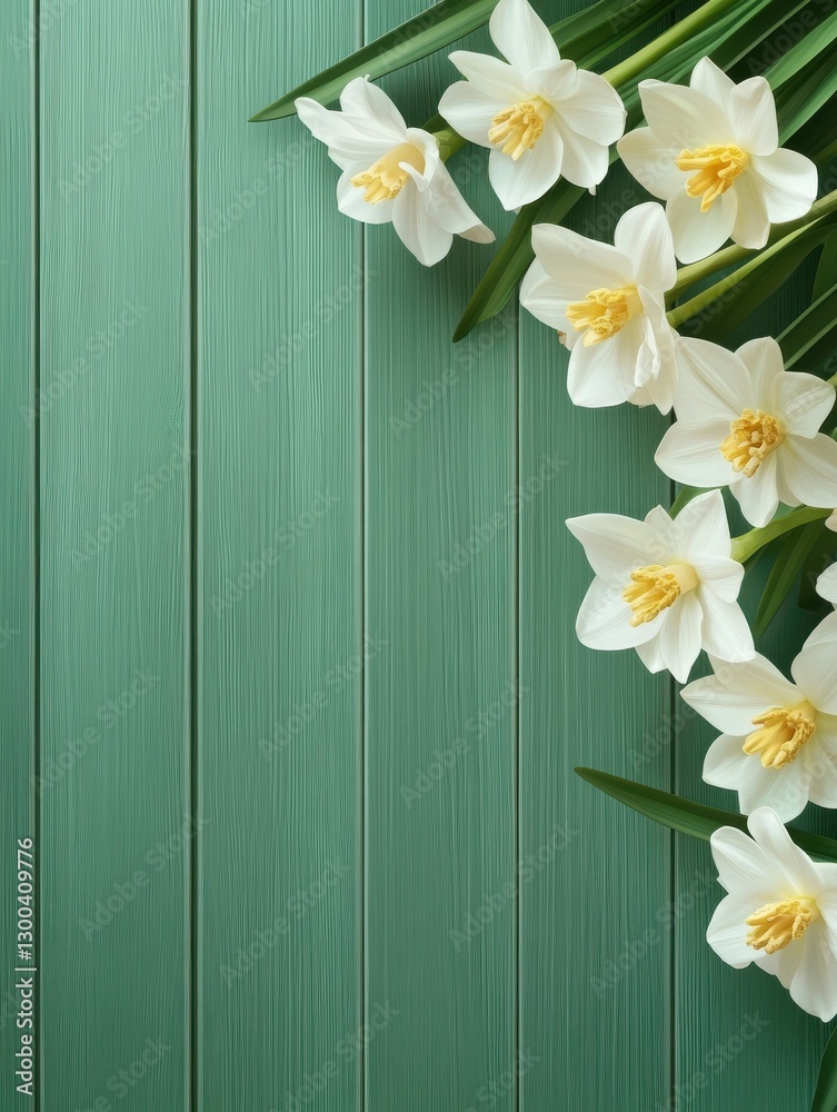 Obraz premium spring flowers on green wooden background