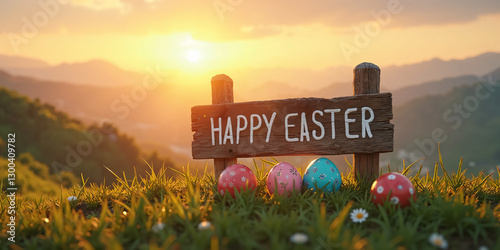 Happy Easter Sign and Vibrant Eggs on a Mountain Summit – Ideal for Seasonal Marketing