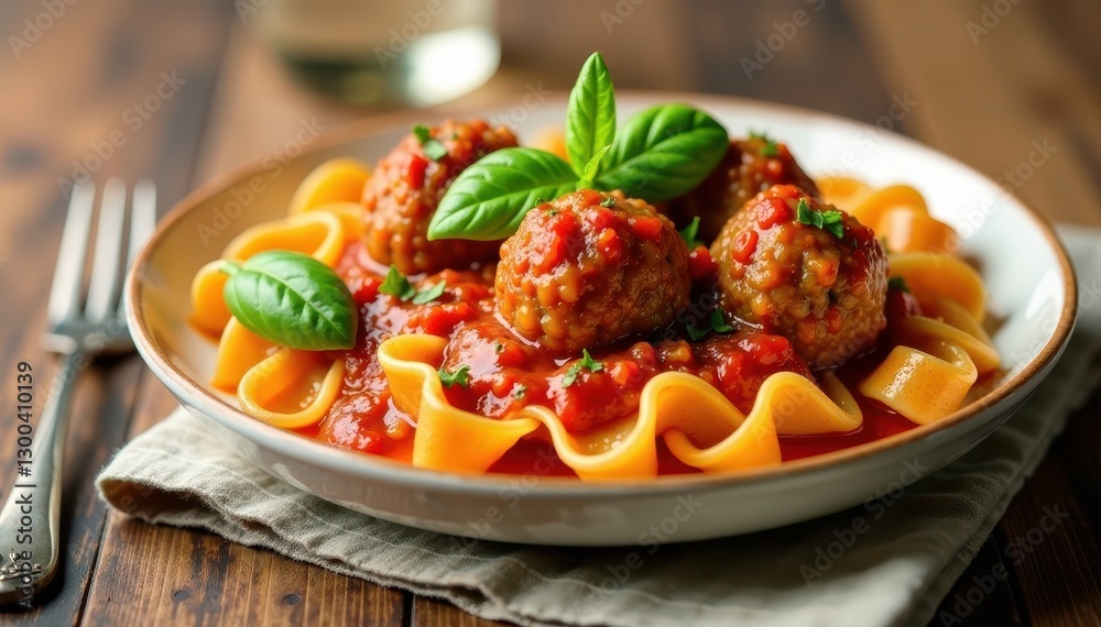 Heart-shaped pasta with meatballs in a savory tomato sauce and fresh basil leaves , tomato sauce, comfort food Heart-shaped pasta with meatballs in a savory tomato sauce and fresh basil leaves , tomato sauce, comfort food