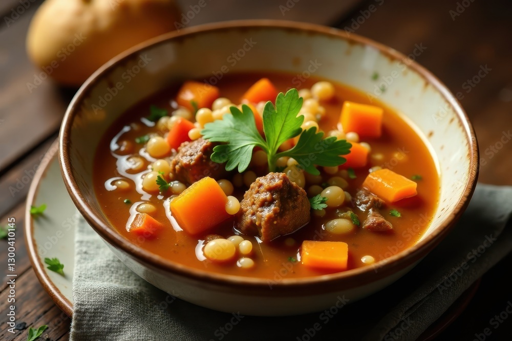 Hearty beef and barley soup with vegetables simmering in a rich broth, vegetables, hearty Hearty beef and barley soup with vegetables simmering in a rich broth, vegetables, hearty