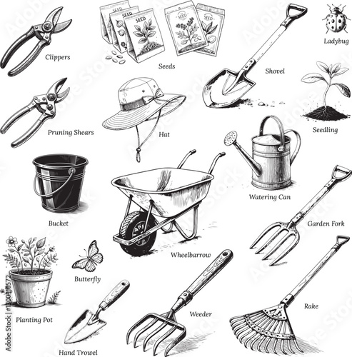 Gardening Tools and Items Set Clip-art Black and White Vector Illustration, Sketch Drawing Line Linear Engraving, Hand-drawn Isolated