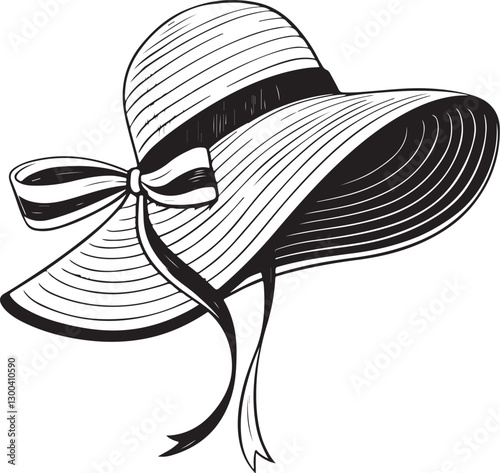 Stray Hat for Sun Protection at Beach and Gardening Black and White Vector Illustration, Sketch Drawing Line Linear Engraving, Hand-drawn Isolated