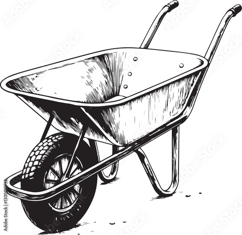Wheelbarrow Tool for Gardening Black and White Vector Illustration, Sketch Drawing Line Linear Engraving, Hand-drawn Isolated