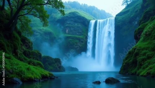Majestic waterfall surrounded by lush greenery in misty atmosphere, leaves, misty