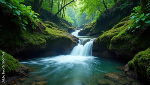 Misty water cascading over moss-covered rocks amidst dense jungle foliage, scenery, greenery