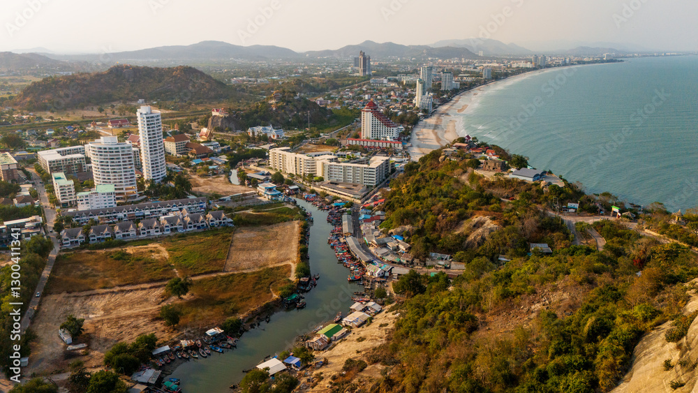 Fototapeta premium Aerial of Hua Hin beach Thailand coastline at sunset tropical travel destination