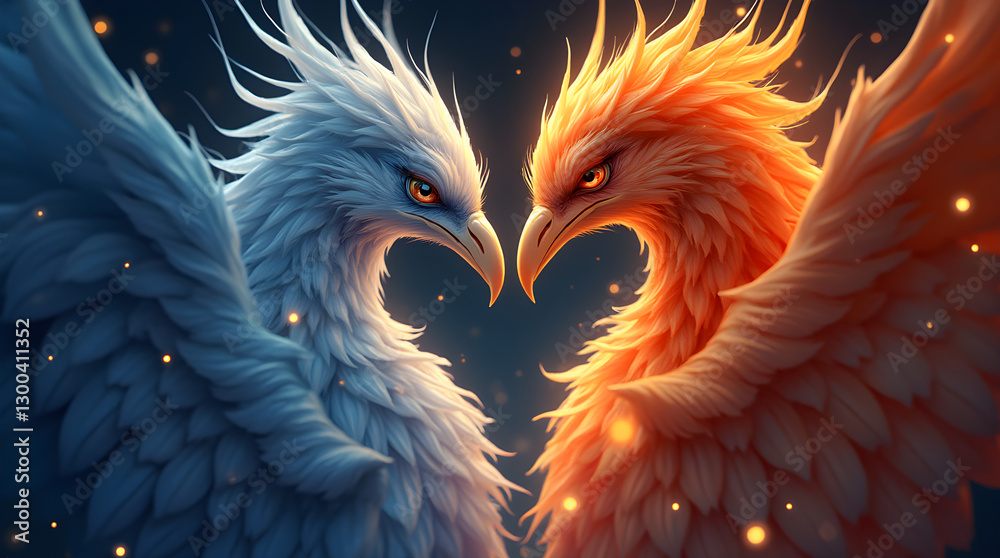 Obraz premium Vibrant Facing Blue Orange Phoenix Birds Digital Art