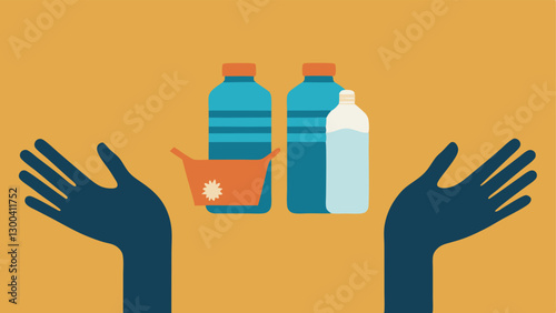 Welcoming Hands A pair of hands extending out with food and water bottles symbolizing help and compassion from locals to arriving refugees.