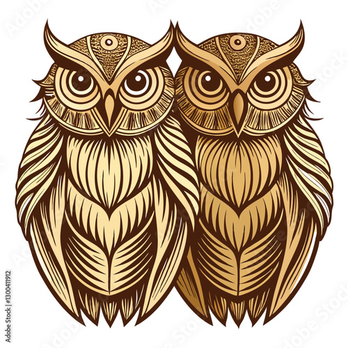 Two owls, intensely gazing, detailed feather texture, captivating eyes, nocturnal birds, wildlife scene.