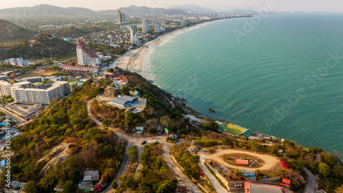 Fototapeta Naklejka Na Ścianę i Meble -  Aerial of Hua Hin beach Thailand coastline at sunset tropical travel destination 