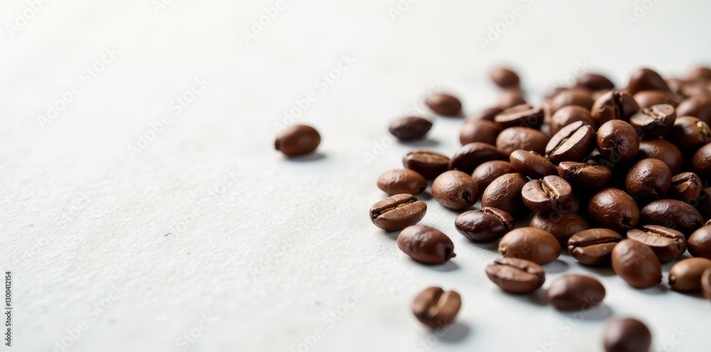 Rich coffee beans scattered on a pristine white surface, mess, ground
