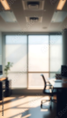 A blurred image of a well lit office interior setting