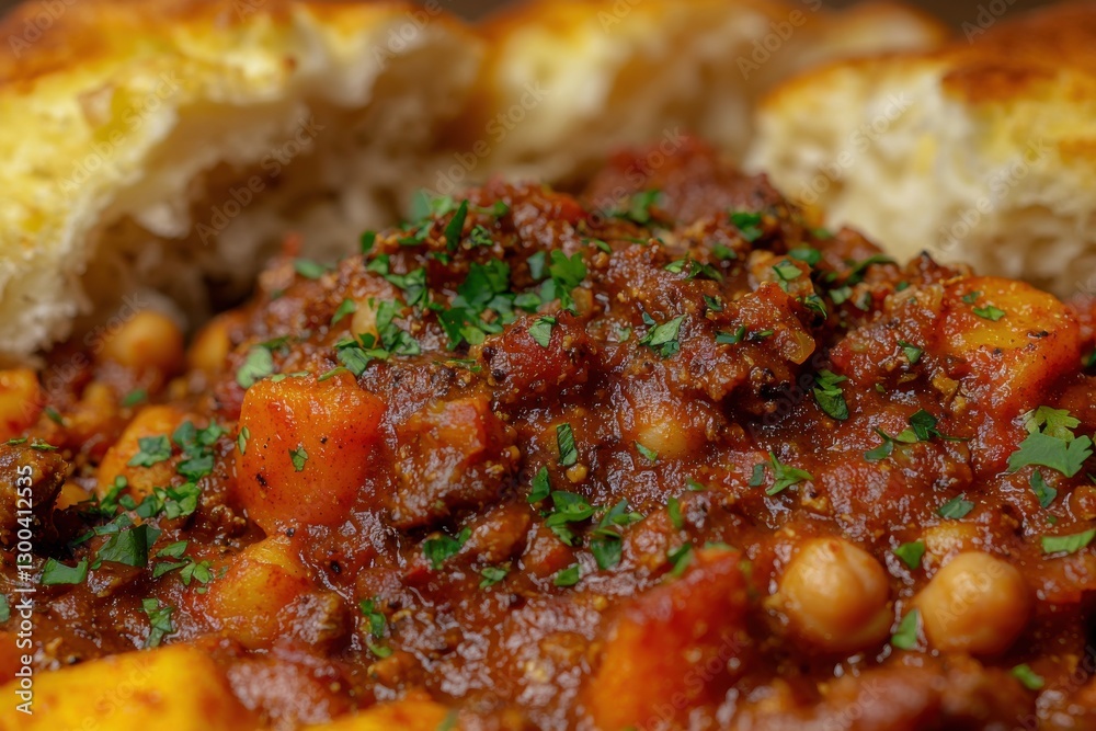 A close-up shot of a hearty chickpea and vegetable stew, garnished with fresh parsley, and served with crusty bread, ideal for a comforting and nutritious meal. A close-up shot of a hearty chickpea and vegetable stew, garnished with fresh parsley, and served with crusty bread, ideal for a comforting and nutritious meal.