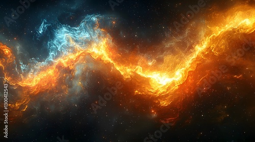 Striking nebula composed of bright orange and blue hues surrounded by cosmic dust highlighting the majesty of space