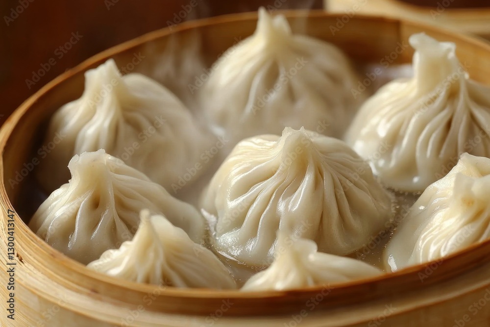 Close-up of steaming Xiao Long Bao dumplings in a bamboo steamer, a delicious and savory Chinese delicacy, perfect for a gourmet Asian food experience. Close-up of steaming Xiao Long Bao dumplings in a bamboo steamer, a delicious and savory Chinese delicacy, perfect for a gourmet Asian food experience.