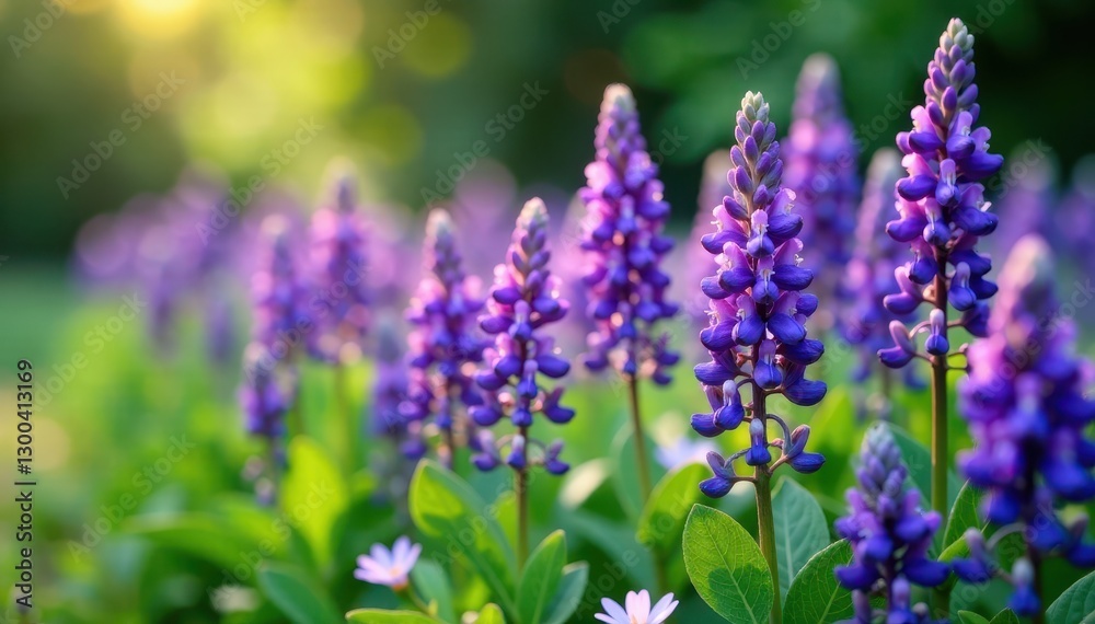 Naklejka premium Softly glowing lavender flowers lined with vibrant purple blossoms and lush green leaves in a serene garden setting, flower, blossom