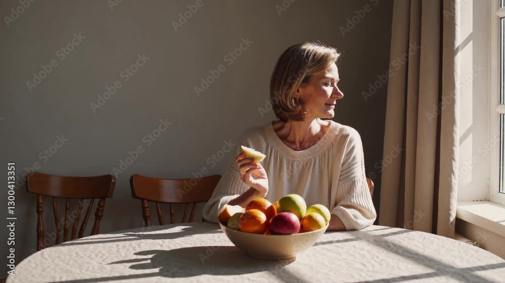 Middle-Aged Woman Holding Lemon Near Window, Healthy Lifestyle and Fresh Fruits Concept, SEamless Loop,Generative AI Middle-Aged Woman Holding Lemon Near Window, Healthy Lifestyle and Fresh Fruits Concept, SEamless Loop,Generative AI