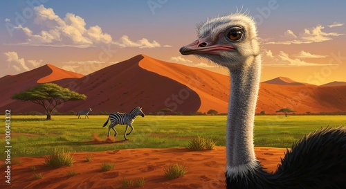 Ostrich and Zebras in African Savanna with Orange Sand Dunes Under Sunset Sky