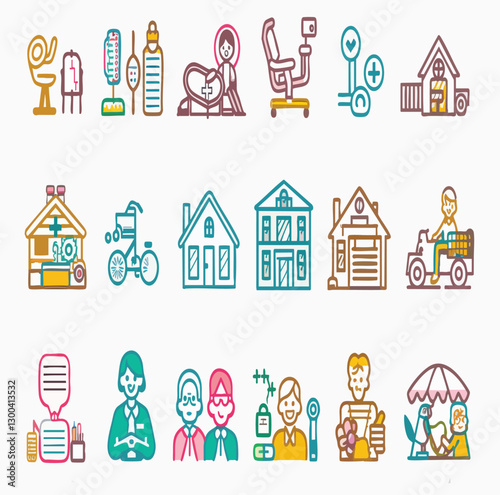 Healthcare and Home Assistance Vector Icons – Medical, Nursing, Elderly Care, and Family Support Symbols