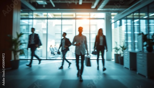 Blurred image of people walking through a modern office space