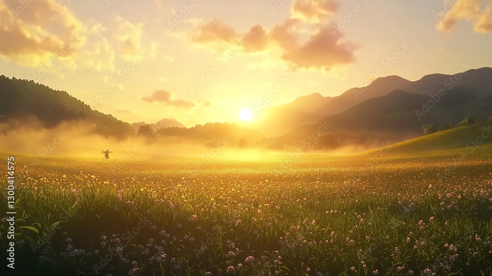 Naklejka premium Golden Sunrise Illuminating A Lone Figure In A Misty Field, Bathed In Warm Light And Surrounded By Mountains