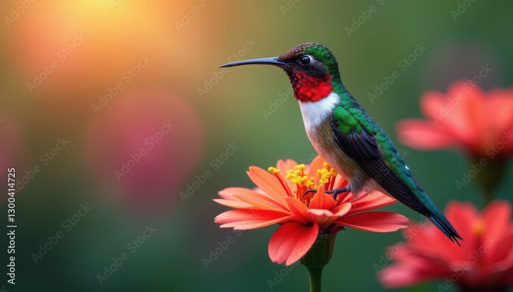 Fototapeta premium Vibrant hummingbird perched on a colorful flower, beak dipped in nectar, flower, nectar